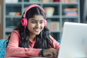 Smiling Indian girl wearing headphones using laptop looking at screen happy young female listening to favorite music while working online on project excited student learning language