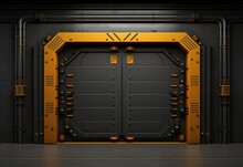A large metal door with a yellow and black design. Generative AI.