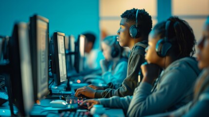 A group of people sitting at computers with headphones on. Generative AI.