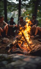 A group of people sitting around a campfire in the woods. Generative AI.