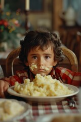 Sticker - A young boy sitting at a table with mashed potatoes on his face. Generative AI.