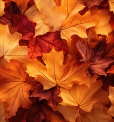 Poster - A close up of a pile of autumn leaves that are brown and yellow. Generative AI.