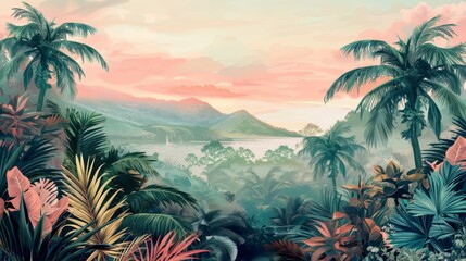 Beautiful tropical landscape with palm trees and tropical leaves wallpaper. Hand Drawn Design. Luxury Wall Mural