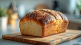 Fototapeta Kwiaty - A fresh baked loaf of homemade bread on a kitchen counter. 