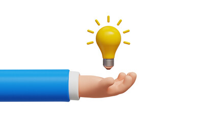 3D selling idea, idea pitching, fund raising and venture capital concept. 3D hand in business attire holding yellow idea lightbulb. 3d illustration