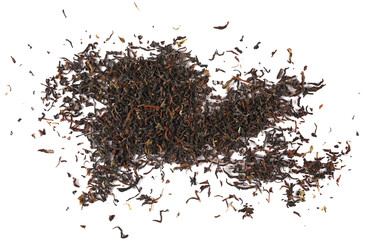 Wall Mural - Pile dry black tea isolated on white, top view