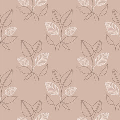 Canvas Print - Seamless pattern, line art of contour flowers on a beige background. Background, textile, vector