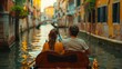 A man and woman enjoy a gondola ride along the picturesque canal in Venice