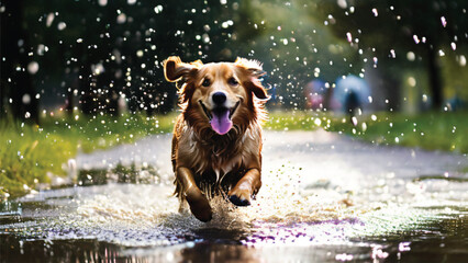 happy dog playing in the rain and jump into rain puddles
