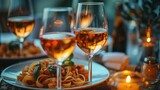 Fototapeta Panele - Plate of pasta and wine glasses on a table setting