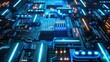 3d render futuristic circuit computer with neon blue light background. AI generated image