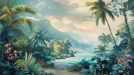  Beautiful tropical landscape with palm trees and tropical leaves wallpaper. Hand Drawn Design. Luxury Wall Mural

