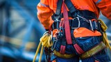 Fototapeta  - Close up a worker full equipment fall arrest device safety belt hooks. AI generated image