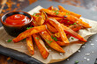 Close-Up Delicious Sweet Potato Fries Served With A Side Of Ketchup In Food Restaurant Interior, Fries Food Photography, Food Menu Style Photo Image
