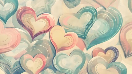 Wall Mural - Whirling hearts come alive in a retro-style print, forming a seamless pattern that exudes love and creativity against a backdrop of soft pastel hues.
