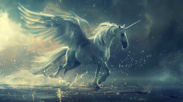 Realistic magical, mythical winged pegasus unicorn horse fantasy background. AI generated image