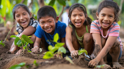 Wall Mural - Children planting trees. Environmental care. World environment day. Sustainable concept.