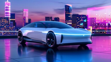 Futuristic electric car, a concept vehicle with digital technology integration, set against a modern, holographic background