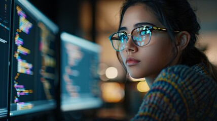 Wall Mural - Focused Programmer Engaged in Software Development. A female developer with reflective glasses immersed in coding on multiple computer screens in a dark room.