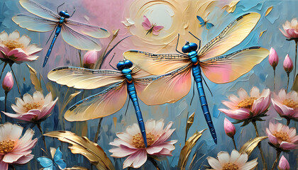 Wall Mural - golden and blue dragonflies, butterflies and flowers with a pinkish tint