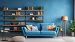A blue living room furnished with a sofa and shelf
