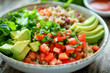 Close-Up Delicious Bowl With Fresh Salsa, Avocado, Lettuce, And Quinoa In Home Interior, Food Photography, Food Menu Style Photo Image