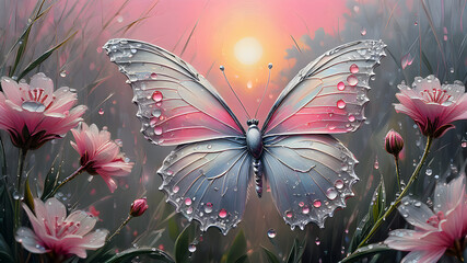 Aufkleber - silvery pearl butterfly on delicate pink flowers in drops of dew at sunrise