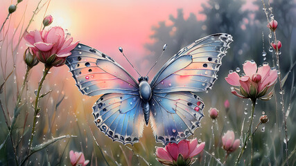 Aufkleber - silvery pearl butterfly on delicate pink flowers in drops of dew at sunrise