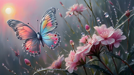 Aufkleber - silvery pearl butterfly on delicate pink flowers in drops of dew at sunrise