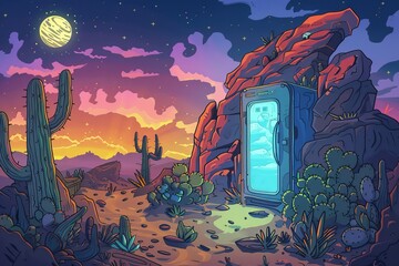 Wall Mural - A colorful depiction of a magical refrigerator that, when surrounded by tumbleweeds and cacti in a sandy desert, glows mysteriously and gives thirsty travelers refreshments.