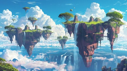 Wall Mural - Surreal landscape with floating islands and waterfalls, dreamlike scenery, digital painting