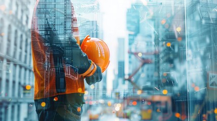 Wall Mural - Double exposure image of construction worker holding safety helmet and construction drawing against the background of surreal construction site in the city.