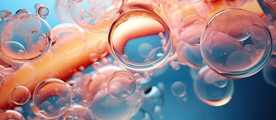 Wall Mural - Macro photography of soap bubbles creates an electric blue pattern resembling organisms in water. The circular shapes mimic plant cells, showcasing the art of marine biology and science