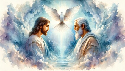 Wall Mural - The Holy Trinity: the Father, the Son, and the Holy Spirit. Digital watercolor painting. Close up.