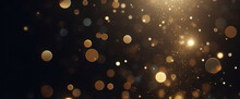 Partículas De Brillo Dorado Fondo Abstracto.Bokeh De Partículas De Brillo De Luz Dorada De Navidad Sobre Fondo Negro Marino. Concepto De Vacaciones. Fondo Abstracto Con Partículas De Oro.	