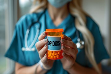 Nurse holding a full pill bottle with a label that says OPIOIDS