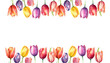 watercolor row of colorful tulip flowers on white background