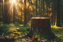 A Solitary Tree Stump In A Sunlit Forest Tells A Story Of Change And The Impact Of Human Activity On Nature.
