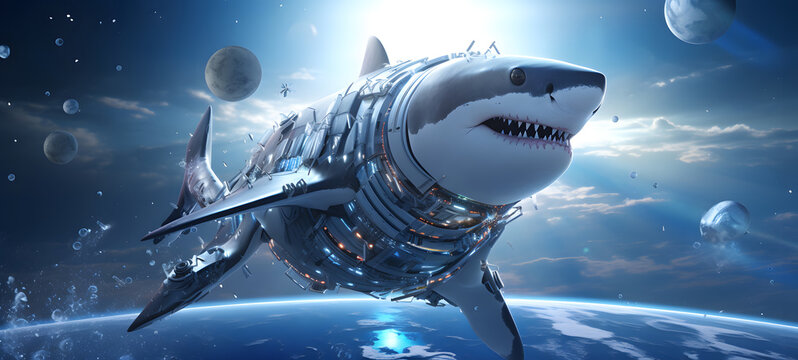 photograph of a white shark robot adorned in celestial sun and moon, ai generative