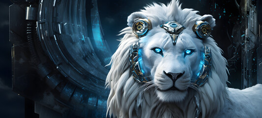 Wall Mural - photograph of a white lion robot adorned in celestial sun and moon, ai generative