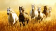A group of horses cantering gracefully across a golden field of wheat, tails streaming behind them