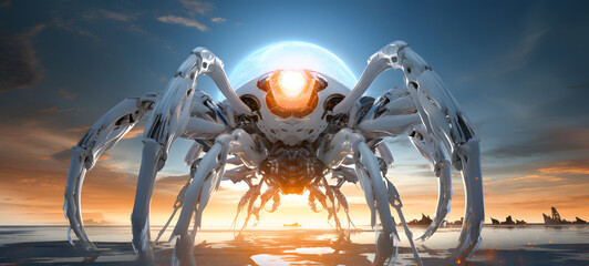 Poster - photograph of a white kraken robot adorned in celestial sun and moon, ai generative