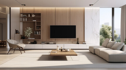 Minimalist style interior design of modern living room with tv. Generative AI