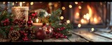 Fototapeta Pokój dzieciecy - A Christmas scene with a fireplace and pine cones