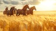 A group of horses cantering gracefully across a golden field of wheat, tails streaming behind them