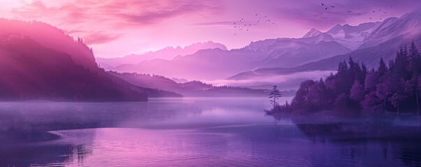 Wall Mural - A beautiful lake with a purple sky and mountains in the background