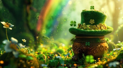 Leprechaun hat and pot with clover in enchanted forest scenery celebrate St. Patrick's Day. Mythical Irish folklore and tradition with magical woodland background.