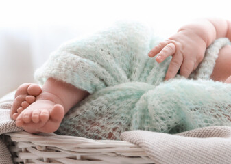 Sticker - Cute newborn baby lying on plaid in basket at home