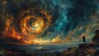 The sky splits open to reveal a swirling vortex seemingly connecting present and future as a group of explorers brace themselves for the journey of a lifetime through a wormhole.
