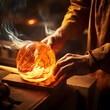 A close-up of a glassblower shaping molten glass. 